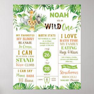 Jungle Animals 1st Birthday Milestone Birth Stats Poster