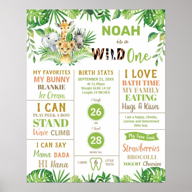 Jungle Animals 1st Birthday Milestone Birth Stats  Poster (Front)