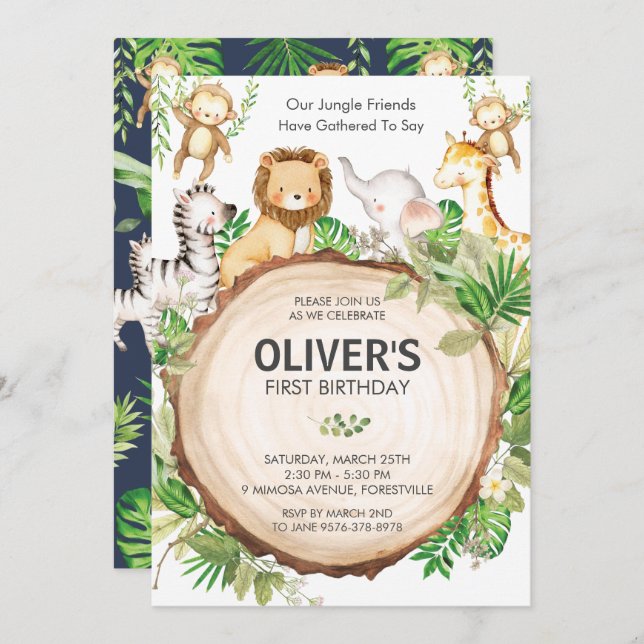 Jungle Animals 1st Birthday Party Greenery Safari Invitation (Front/Back)