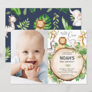 Jungle Animals 1st Birthday Wild One Green Photo Invitation