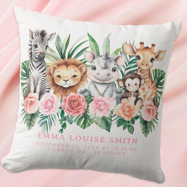 Jungle Animals Baby Girl Birth Stats Pillow  (Cute Baby Birth Stat Pillow Keepsake)
