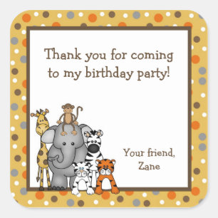 Jungle Animals Baby Shower Birthday Party Favour Square Sticker