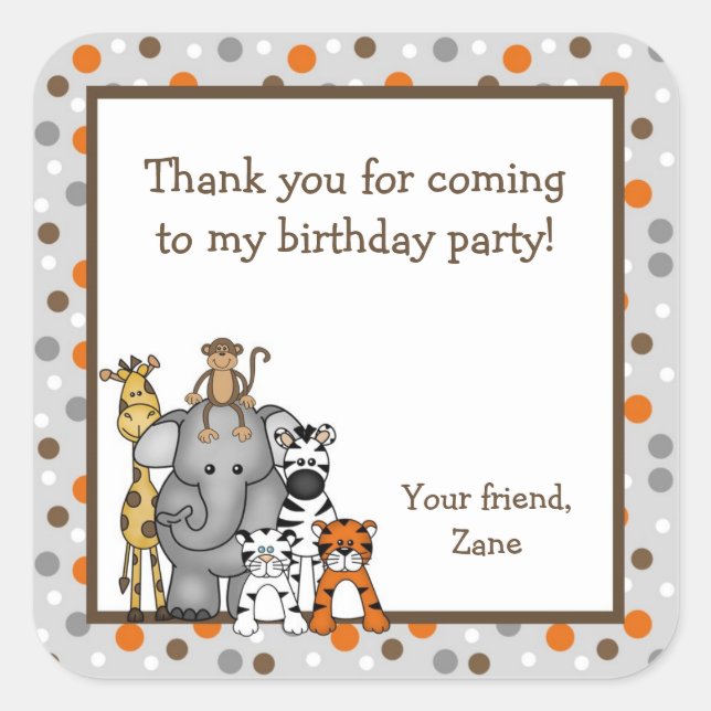 Jungle Animals Baby Shower Birthday Party Favour Square Sticker (Front)