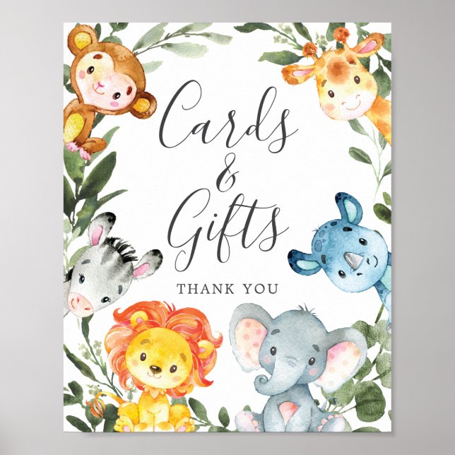 Jungle Animals Baby Shower Cards and Gifts Sign (Front)