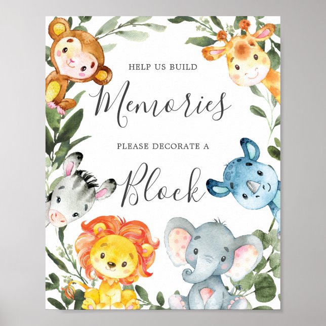 Jungle Animals Baby Shower Decorate A Block Sign (Front)