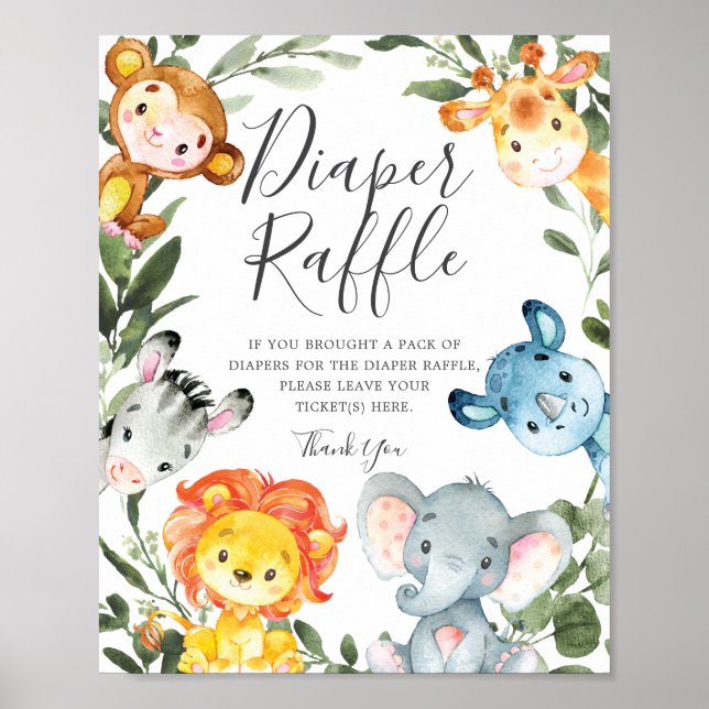 Jungle Animals Baby Shower Diaper Raffle Sign (Front)