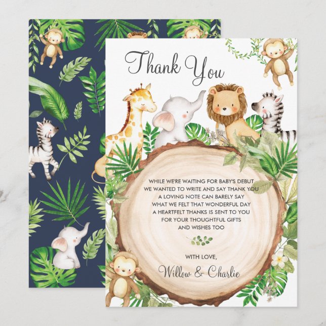 Jungle Animals Baby Shower Greenery Safari Boy Thank You Card (Front/Back)