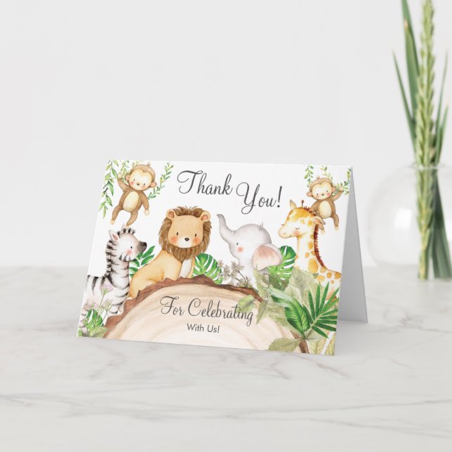 Jungle Animals Baby Shower Greenery Safari Boy Thank You Card (Front)