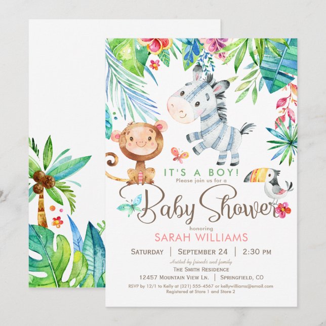 Jungle Animals Baby Shower Invitation, Boy or Girl Invitation (Front/Back)