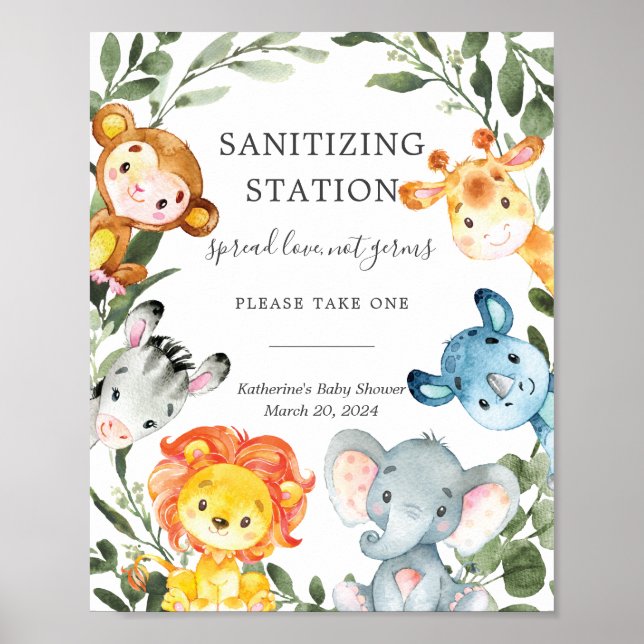 Jungle Animals Baby Shower Sanitising Station Sign (Front)