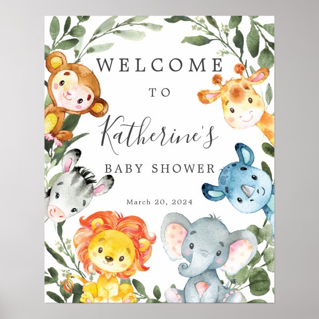 Jungle Animals Baby Shower Welcome Sign (Front)