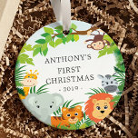 Jungle Animals Baby's Photo Christmas Ornament<br><div class="desc">Cute baby's first Christmas ornament the sweetest little jungle animals framed with watercolor jungle leaves.</div>