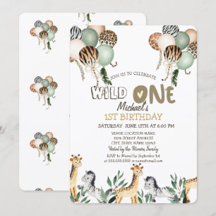 Jungle Animals Balloons 1st Birthday Invitation