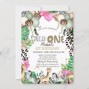 Jungle Animals Balloons Leaves 1st Birthday Invitation