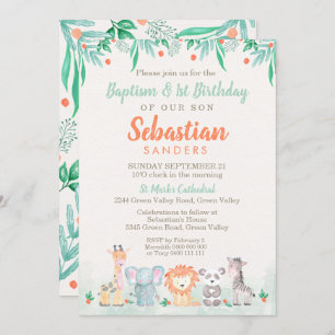 Jungle Animals Baptism 1st Birthday Invitation