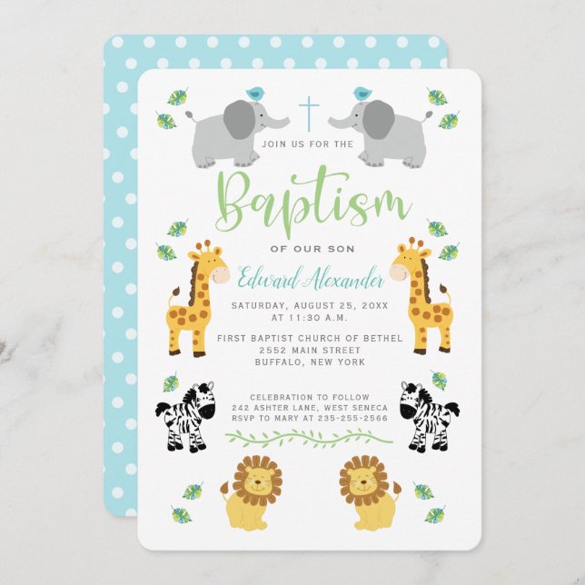 Jungle Animals Baptism Invitation - Blue Back (Front/Back)
