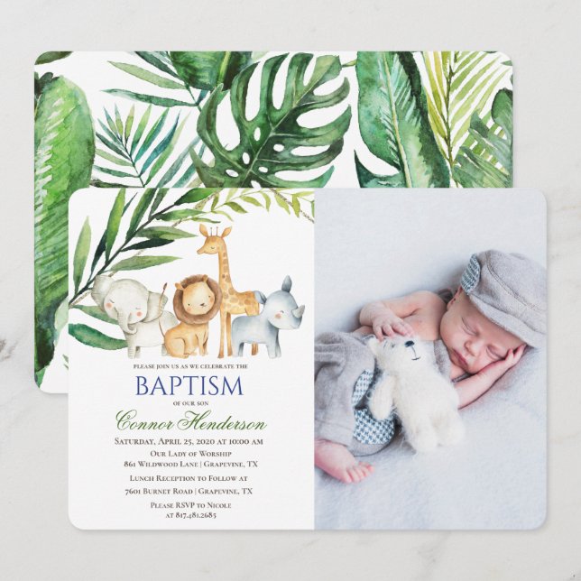 Jungle Animals Baptism Photo Invitation (Front/Back)