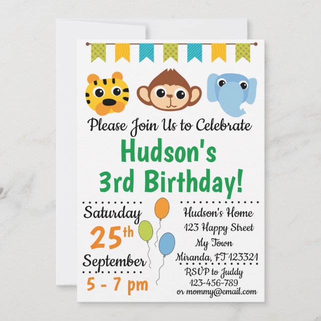 Jungle animals birthday invitations (Front)