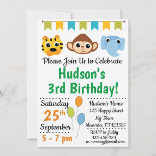 Jungle animals birthday invitations