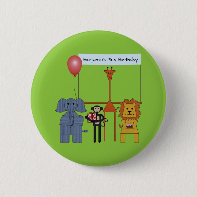 Jungle Animals Birthday Party Button - on green (Front)