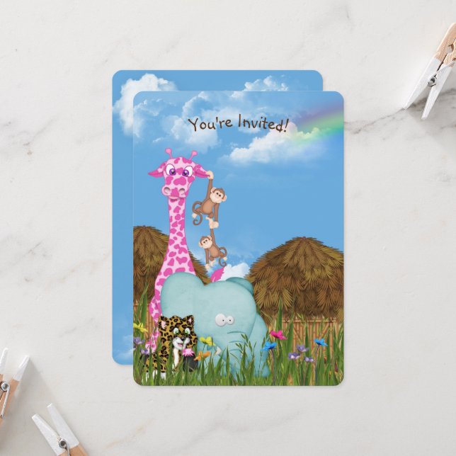 Jungle Animals Birthday Party Invitation (Front/Back In Situ)