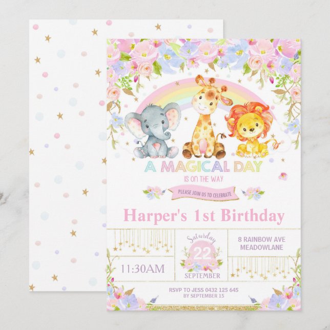 Jungle Animals Birthday Party Invitation Girl (Front/Back)