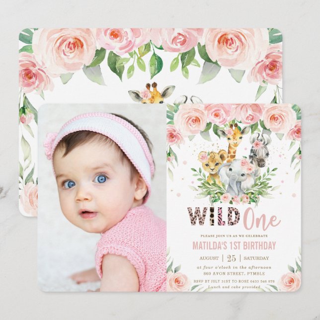 Jungle Animals Blush Floral 1st Birthday Photo Invitation (Front/Back)