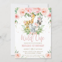 Jungle Animals Blush Floral 1st Birthday Wild ONE