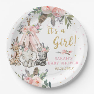 Jungle Animals Boho Tribal Girl Baby Shower Round Paper Plate