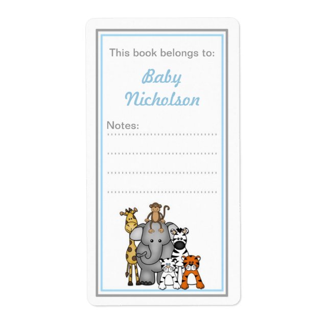 Jungle Animals bookplates blue grey baby shower (Front)