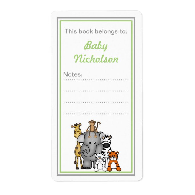 Jungle Animals bookplates green boy baby shower (Front)