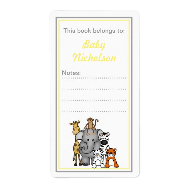 Jungle Animals bookplates yellow grey baby shower (Front)