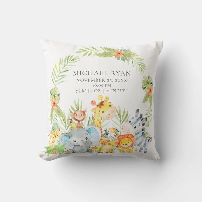 Jungle Animals Boys Baby Birth Stats Pillow (Front)