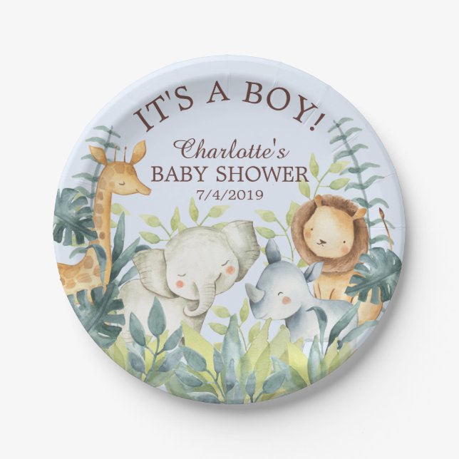 Jungle Animals Boys Baby Shower 7" Plate (Front)