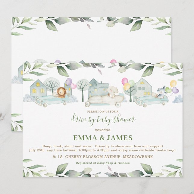 Jungle Animals Cars Greenery Drive By Baby Shower Invitation (Front/Back)