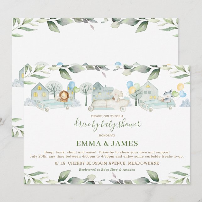 Jungle Animals Cars Greenery Drive By Baby Shower Invitation (Front/Back)