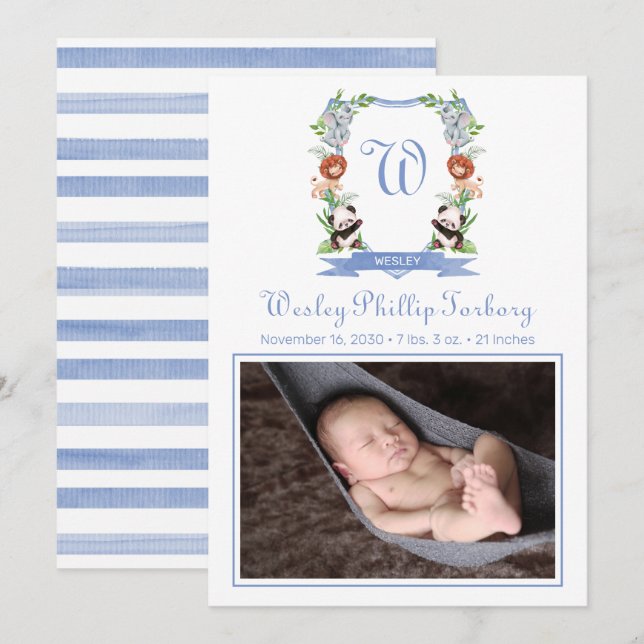 Jungle Animals Crest Birth Announcement (Front/Back)