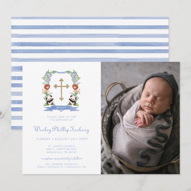 Jungle Animals Crest Photo Baptism Invitation (Front/Back)