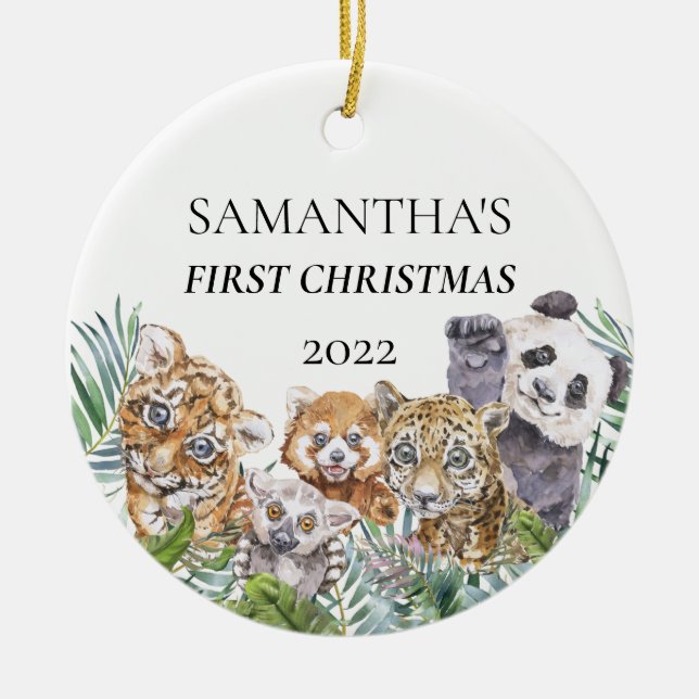 Jungle Animals Cute First Christmas Monogram  Ceramic Tree Decoration (Front)