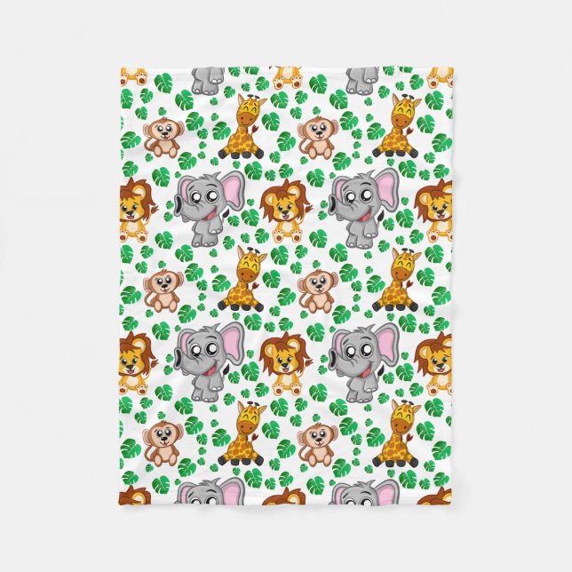 Jungle Animals Cute Safari Wild Cartoon Pattern Fleece Blanket (Front)