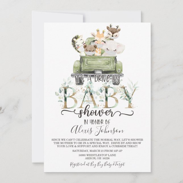 Jungle Animals Drive By Animal Baby Shower Invitation (Front)