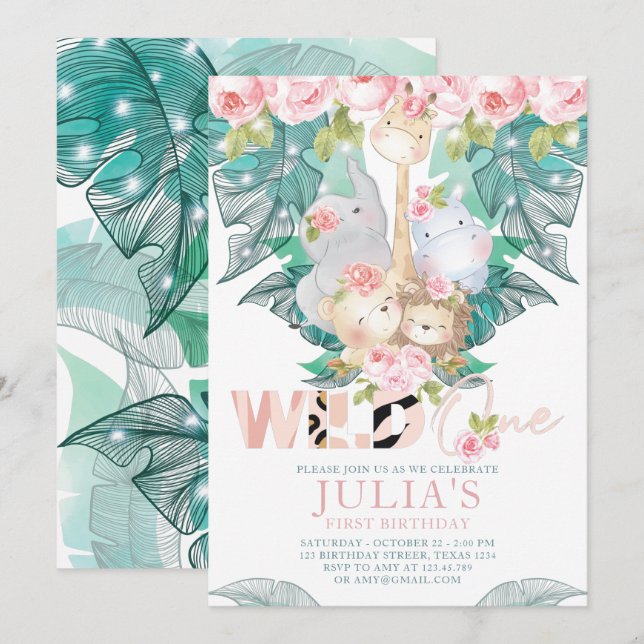 Jungle Animals First Birthday Cute Invitation (Front/Back)