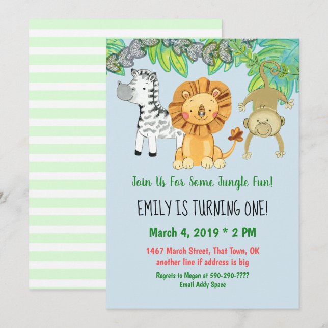 Jungle Animals First Birthday Invitation (Front/Back)