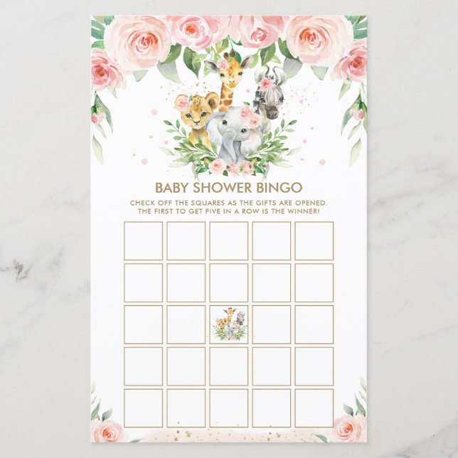 Jungle Animals Floral Baby Shower Bingo Game  (Front)