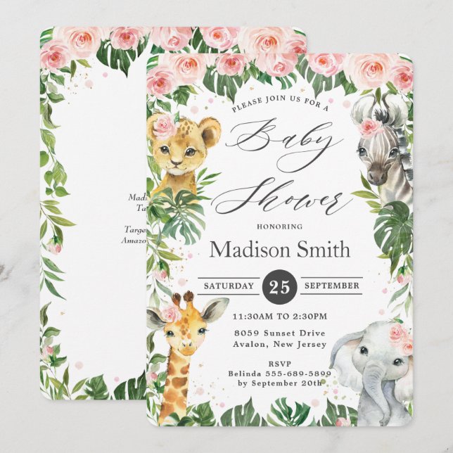 Jungle Animals Floral Greenery Safari Baby Shower  Invitation (Front/Back)