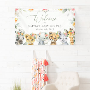 Jungle Animals, Flowers, Baby Shower Welcome Banner