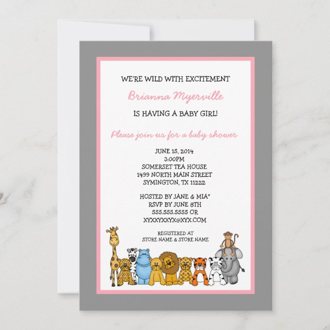 Jungle Animals Girl Baby Shower Invites (Front)
