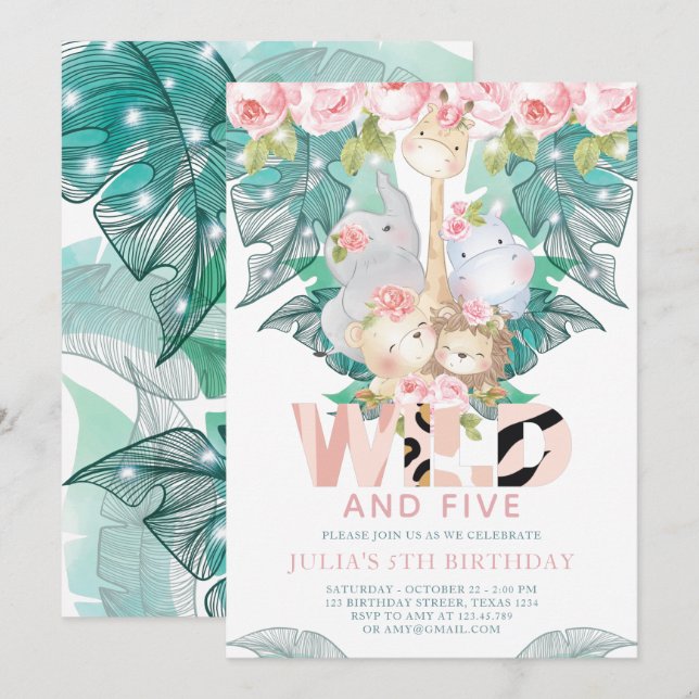 Jungle Animals Girl Birthday Cute Invitation (Front/Back)