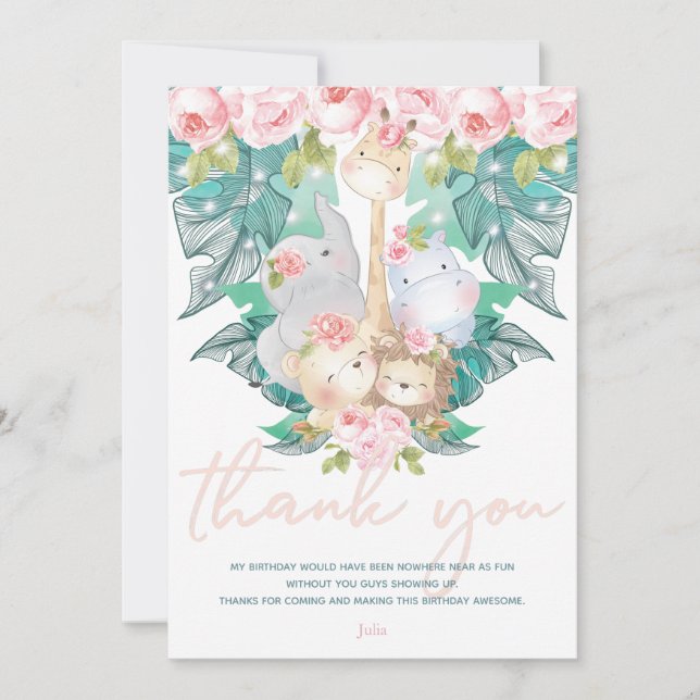 Jungle Animals Girl Birthday Thank You Card (Front)