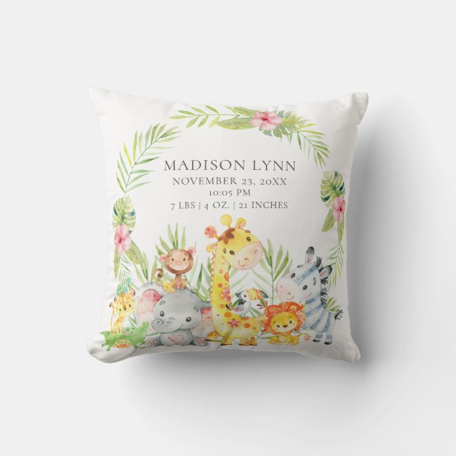 Jungle Animals Girls Baby Birth Stats Pillow (Front)
